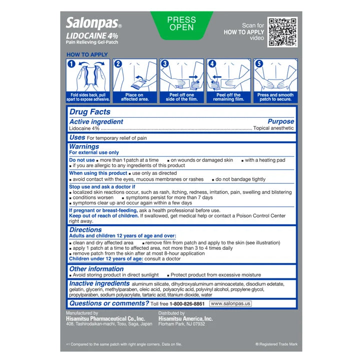 Salonpas LIDOCAINE 4% Pain Relieving Gel-Patch, 15 Patches