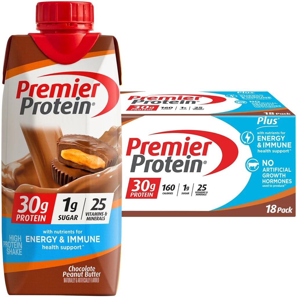 Premier 30g Protein PLUS Energy and Immune Support Shakes, Chocolate Peanut Butter, 11 fl oz, 18-pack