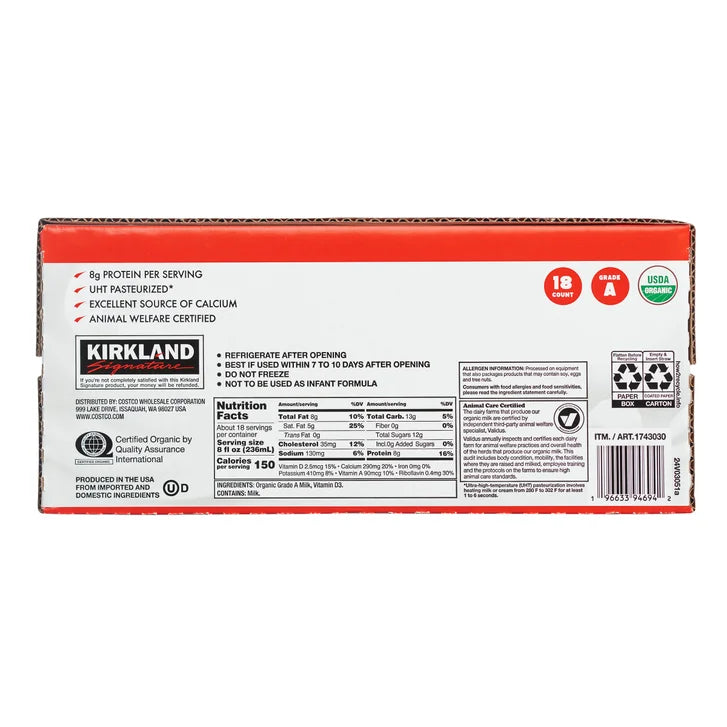 Kirkland Signature Organic Whole Milk, 8 fl oz, 18-count