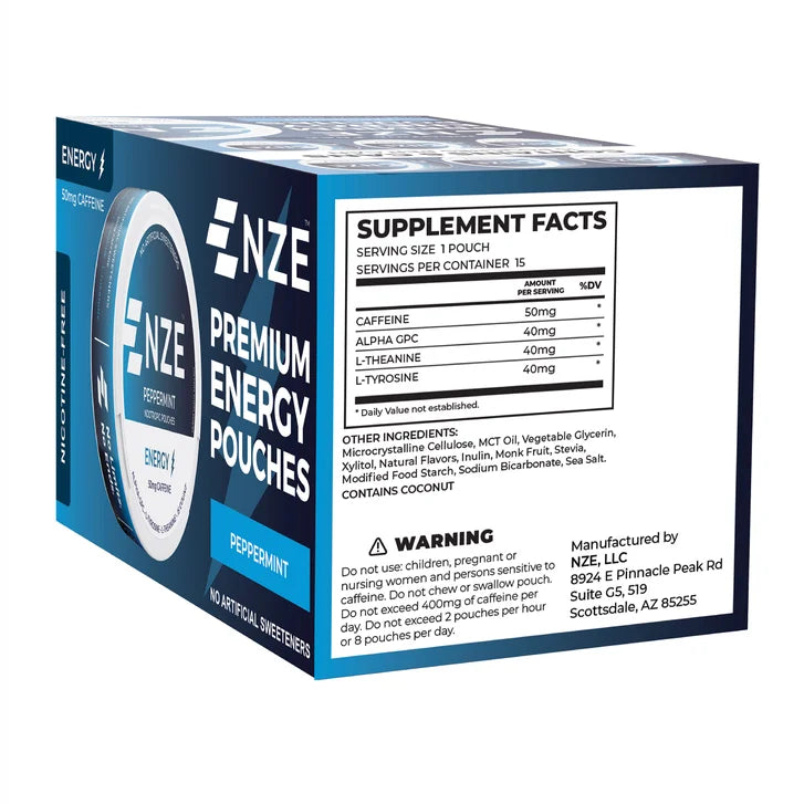 NZE Premium Energy Pouches, Peppermint, 15 Pouches per Can, 6-Count