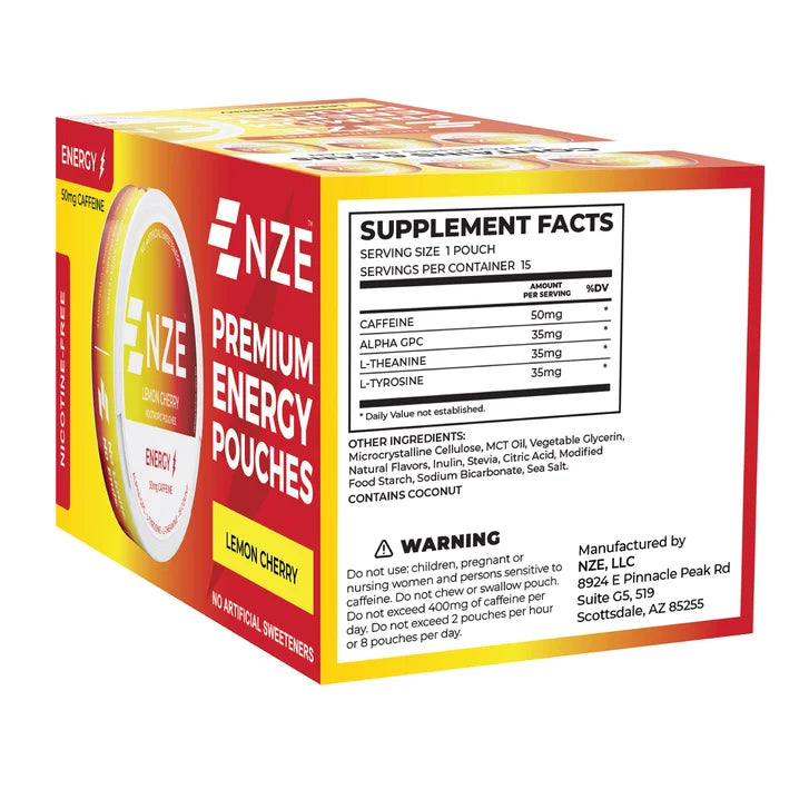NZE Premium Energy Pouches, Lemon Cherry, 15 Pouches per Can, 6-Count