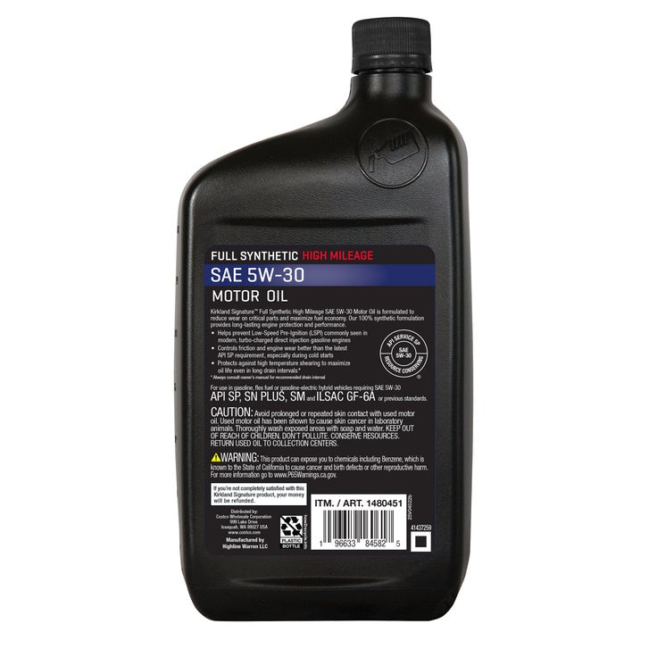 Kirkland Signature 5W-30 High Mileage Full Synthetic Motor Oil 1-Quart, 12-Pack