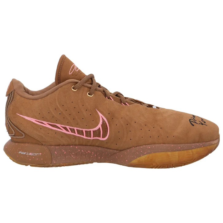 LeBron James Autographed Los Angeles Lakers Game-Used Brown Nike Shoes vs. Philadelphia 76ers with "Prime Year 21" Inscription