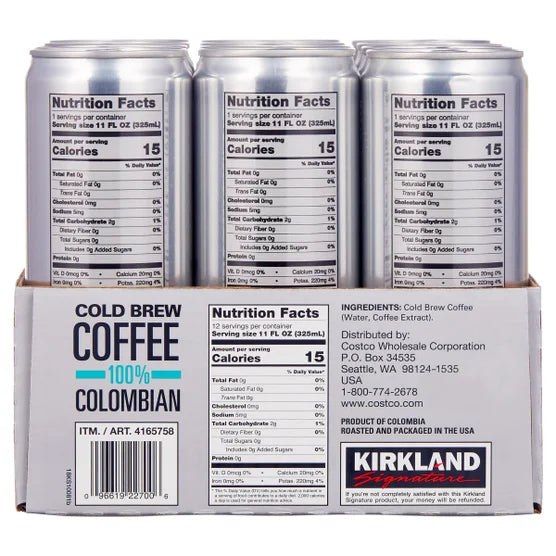 Kirkland Signature Colombian Cold Brew Coffee, 11 fl oz, 12-count