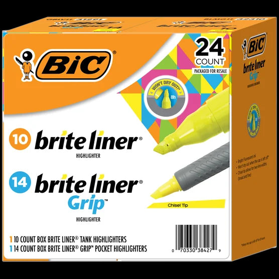 BIC Brite Liner Highlighter Combo Pack, Chisel Tip, Fluorescent Yellow, 24-count
