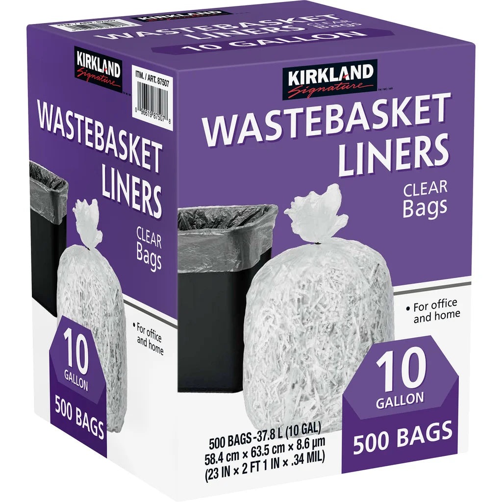 Kirkland Signature 10-Gallon Wastebasket Liner, Clear, 500-count