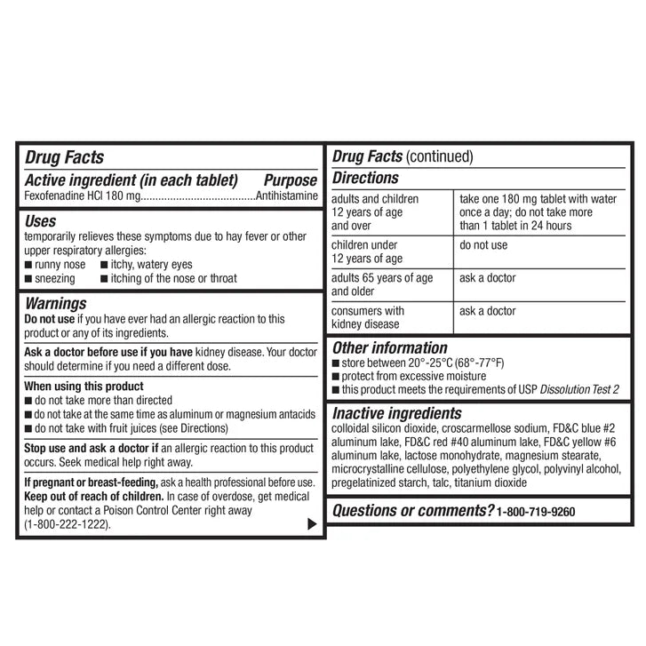 Kirkland Signature Aller-Fex Antihistamine 180 mg., 180 Tablets