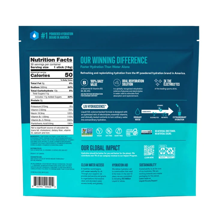 Liquid I.V. Hydration Multiplier, 30 Individual Serving Stick Packs in Resealable Pouch, Lemon Lime