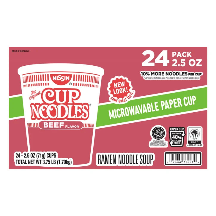 Nissin Cup Noodles, Beef, 2.5 oz, 24-count