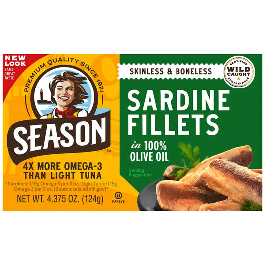 Season Sardine Fillets In 100% Olive Oil, Wild Caught, Skinless & Boneless, 4.375 oz, 6-Count