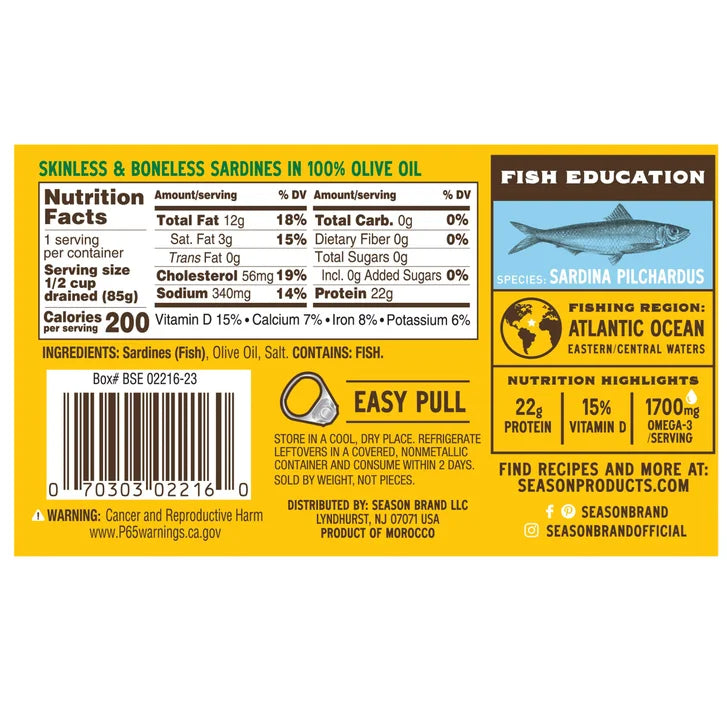 Season Sardine Fillets In 100% Olive Oil, Wild Caught, Skinless & Boneless, 4.375 oz, 6-Count