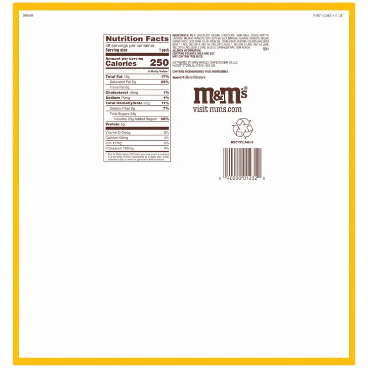 M&M's Chocolate Candy, Peanut, Full Size, 1.74 oz, 48-count