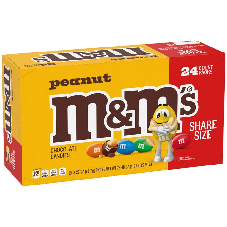 M&M's Chocolate Candy, Peanut, Share Size, 3.27 oz, 24-count