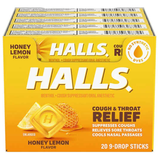 Halls Cough Drops, Honey-Lemon, 20-count
