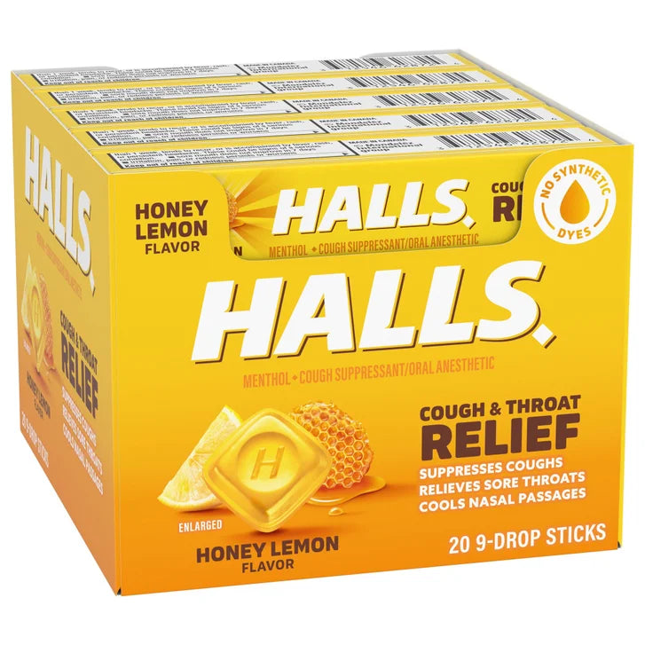 Halls Cough Drops, Honey-Lemon, 20-count