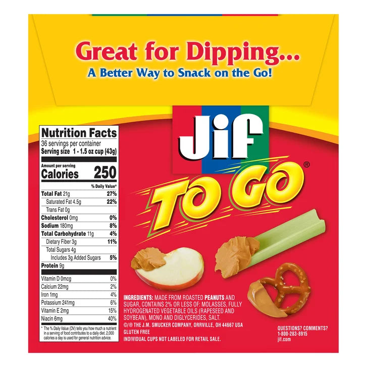 Jif To Go Peanut Butter Cups, Creamy, 1.5 oz, 36-count