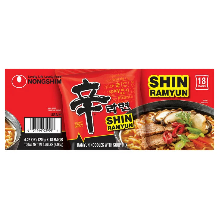 Nongshim Shin Ramyun Noodles with Soup Mix, Gourmet Spicy, 4.2 oz, 18-count