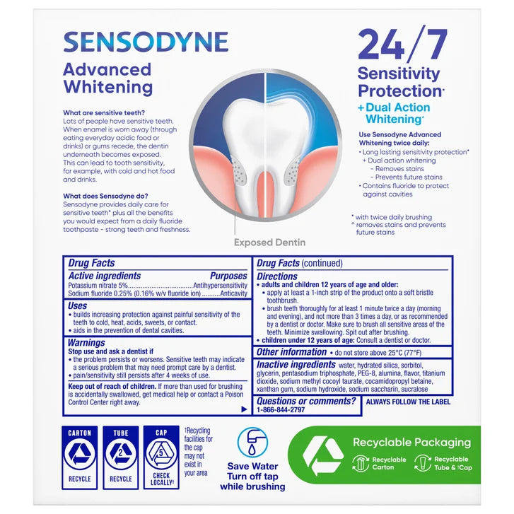 SENSODYNE Advanced Whitening Toothpaste, 6.5 oz, 4-pack
