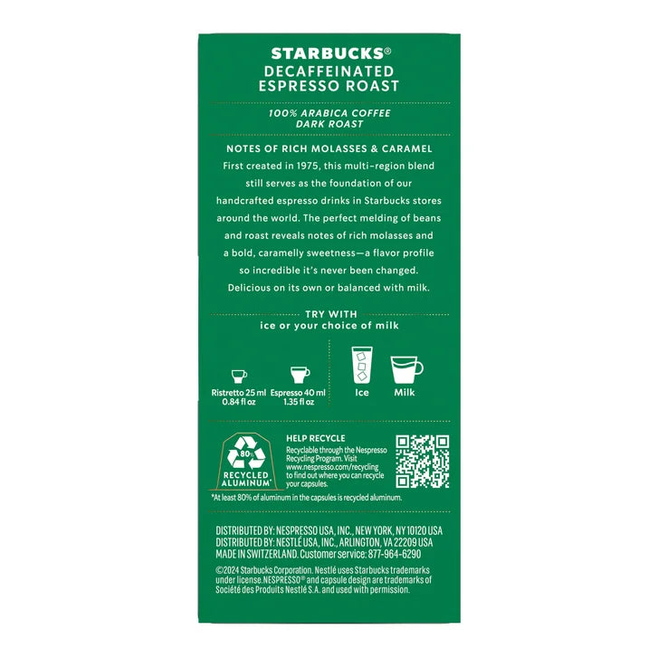 Starbucks by Nespresso Decaf Espresso Roast Capsules, 60 Count