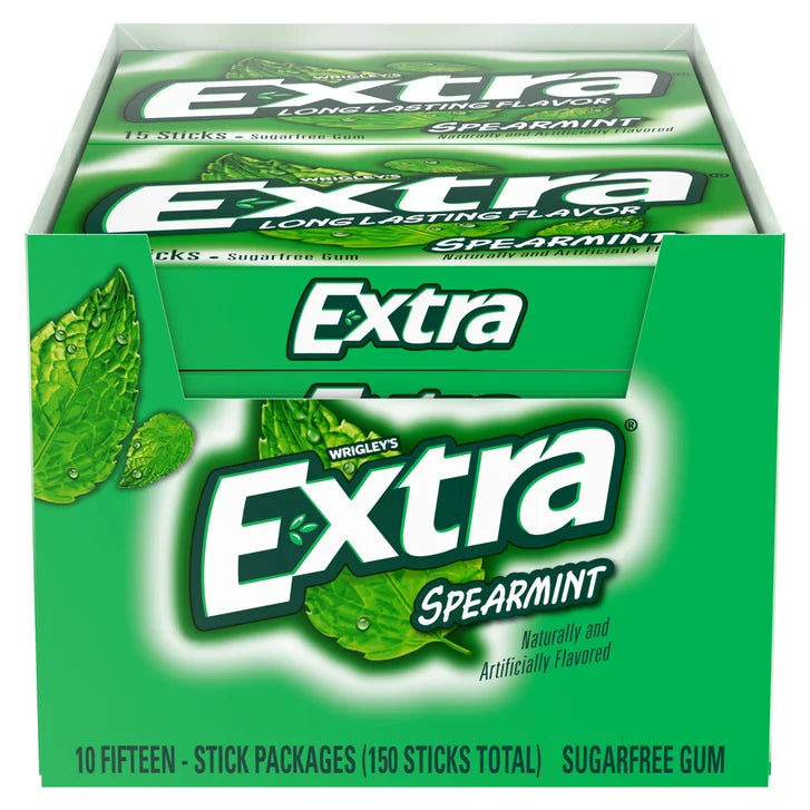 Extra Sugar Free Chewing Gum, Spearmint, Slim Pack, 15 Sticks, 10-Count