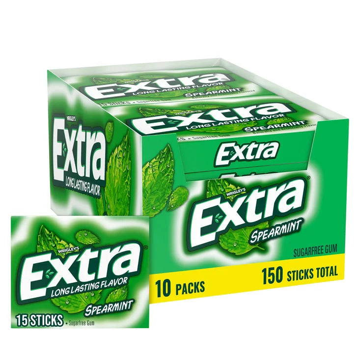 Extra Sugar Free Chewing Gum, Spearmint, Slim Pack, 15 Sticks, 10-Count