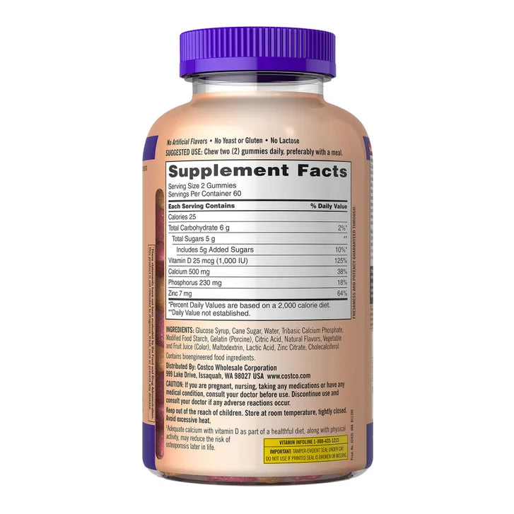 Kirkland Signature Calcium 500 mg with D3 & Zinc, 240 Adult Gummies