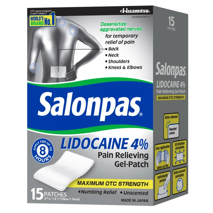 Salonpas LIDOCAINE 4% Pain Relieving Gel-Patch, 15 Patches