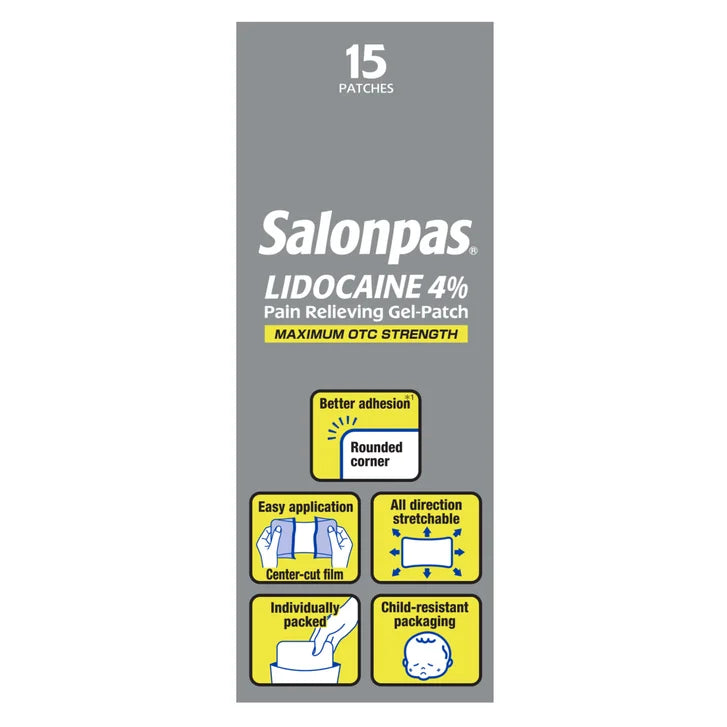 Salonpas LIDOCAINE 4% Pain Relieving Gel-Patch, 15 Patches