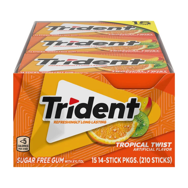 Trident Sugar Free Gum, Tropical Twist, 14-count, 15-pack