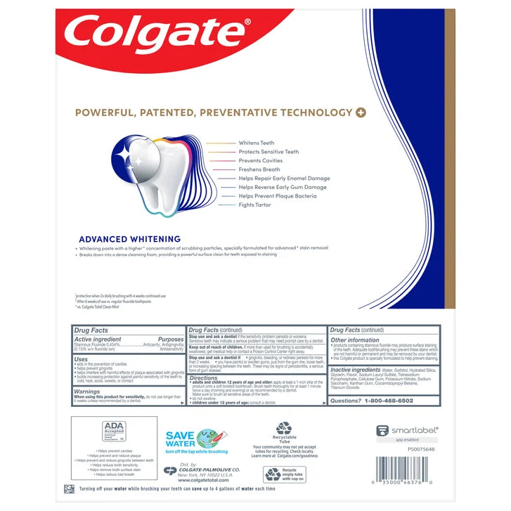 Colgate Total Active Prevention Plus Advanced Whitening Toothpaste, 6.4 oz, 5-pack
