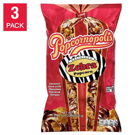 Popcornopolis Zebra Popcorn 24 oz, 3-count