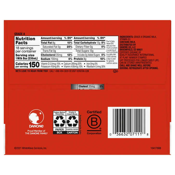 Horizon, Organic Whole Milk, 8 oz, 18-Count