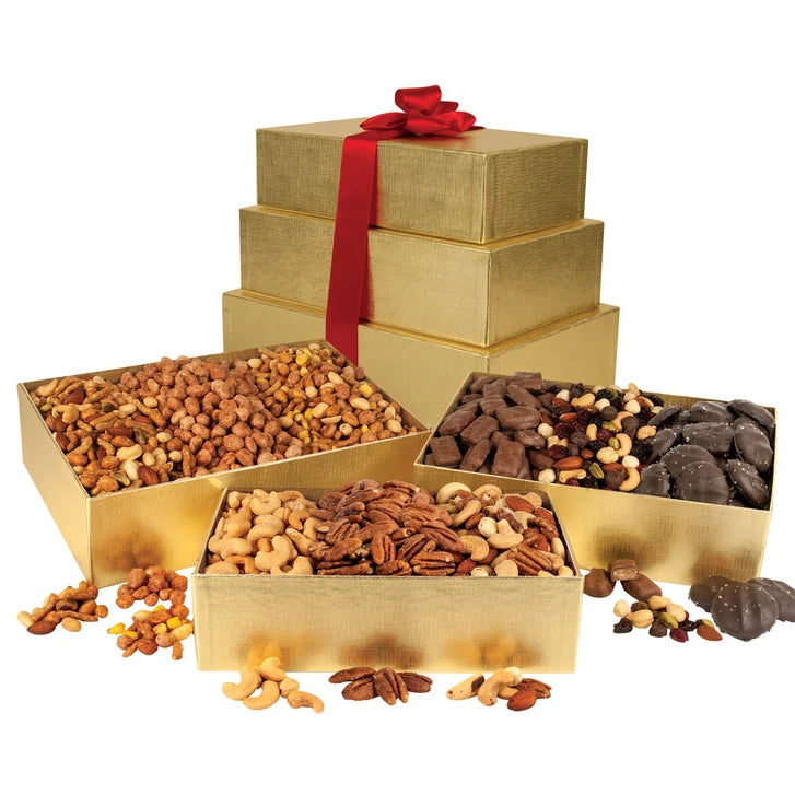 A.L. Schutzman 3-Tier Nested Gold Gift Box Set, Assortment of Nuts and Chocolate, 8 lb Total