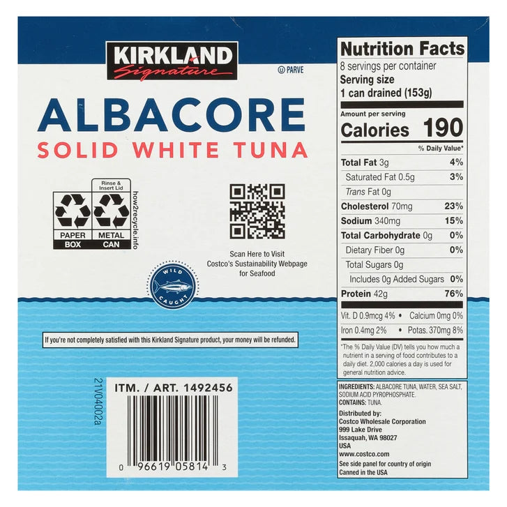 Kirkland Signature, Albacore Solid White Tuna in Water, 7 oz, 8-Count