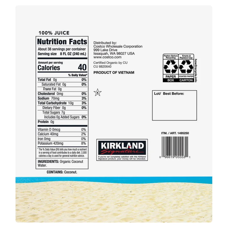 Kirkland Signature, Organic Coconut Water, 33.8 fl oz, 9-count