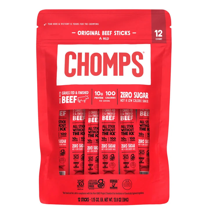 Chomps Original Beef Sticks, Mild, 12 Individually Wrapped Sticks