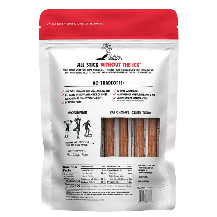 Chomps Original Beef Sticks, Mild, 12 Individually Wrapped Sticks