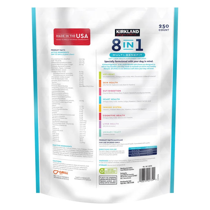 Kirkland Signature 8-In-1 Multi-Benefit Soft Chews For Dogs, 250-count