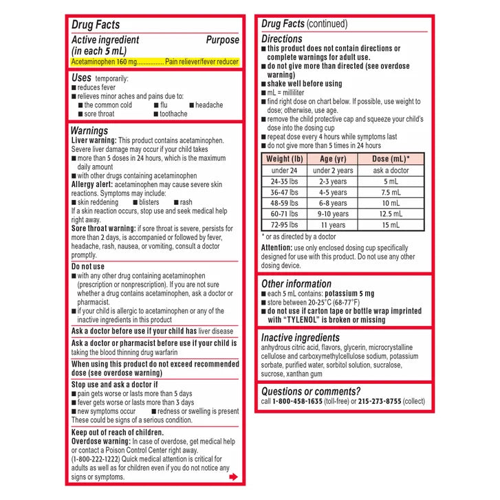 Children's Tylenol Liquid Pain Relief & Fever Medicine, Dye-Free Cherry Flavor, 12 Fluid Ounces