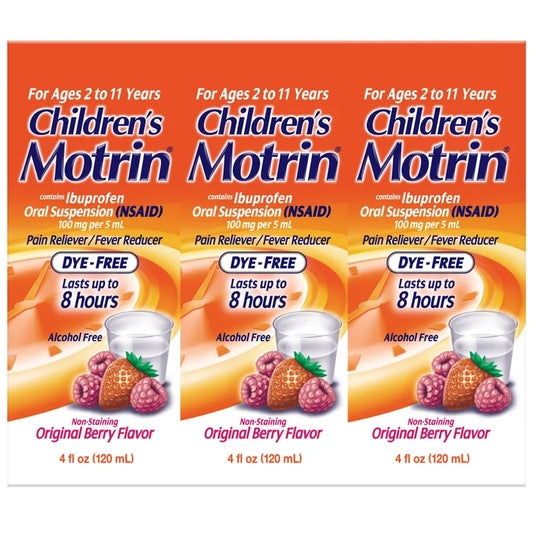 Children's Motrin Dye-Free Berry Flavor Suspension, Fever Reducer & Pain Relief, 12 Fluid Ounces