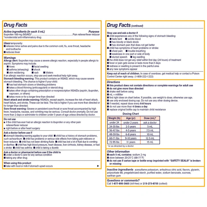 Children's Motrin Dye-Free Berry Flavor Suspension, Fever Reducer & Pain Relief, 12 Fluid Ounces