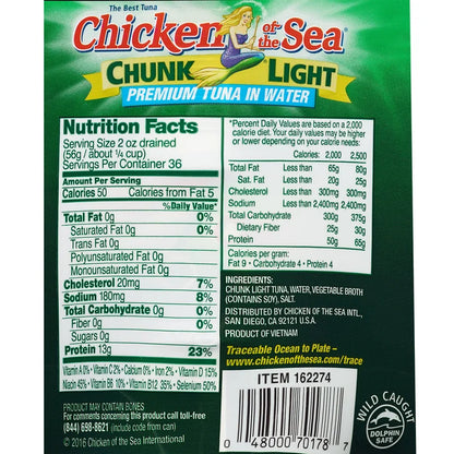 Chicken of the Sea, Chunk Light Premium Tuna in Water, 7 oz, 12-Count