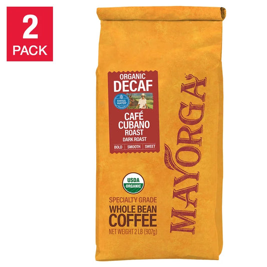 Mayorga Decaf Café Cubano Roast, USDA Organic, Dark Roast, Whole Bean Coffee, 2lb, 2-pack