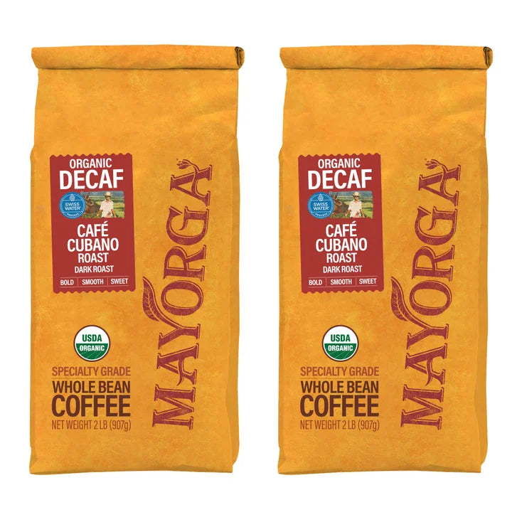 Mayorga Decaf Café Cubano Roast, USDA Organic, Dark Roast, Whole Bean Coffee, 2lb, 2-pack