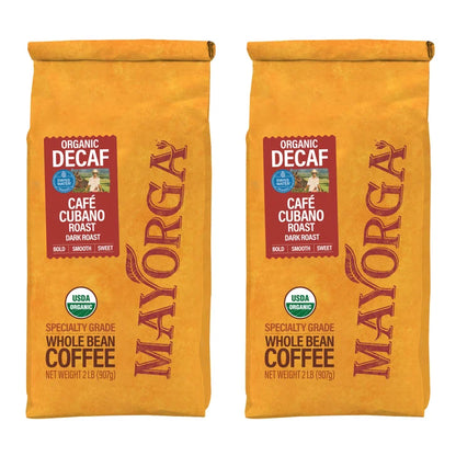 Mayorga Decaf Café Cubano Roast, USDA Organic, Dark Roast, Whole Bean Coffee, 2lb, 2-pack