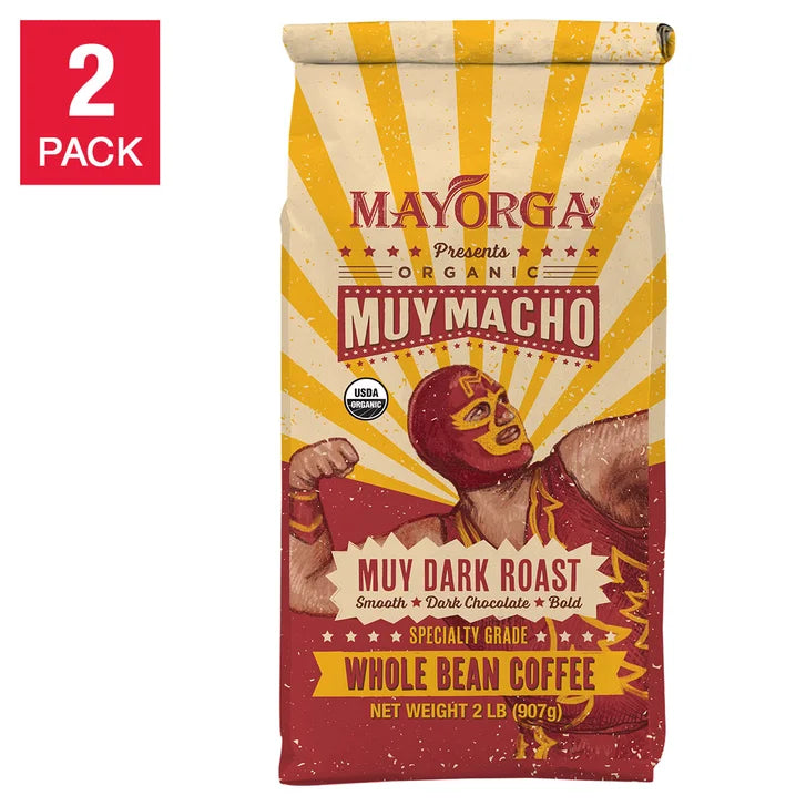 Mayorga Muy Macho, USDA Organic, Muy Dark Roast, Whole Bean Coffee, 2lb, 2-pack