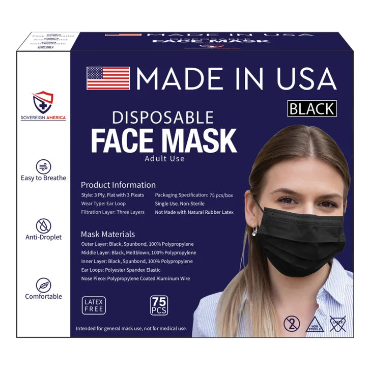 Sovereign America Disposable Face Mask, 75-Count, Black