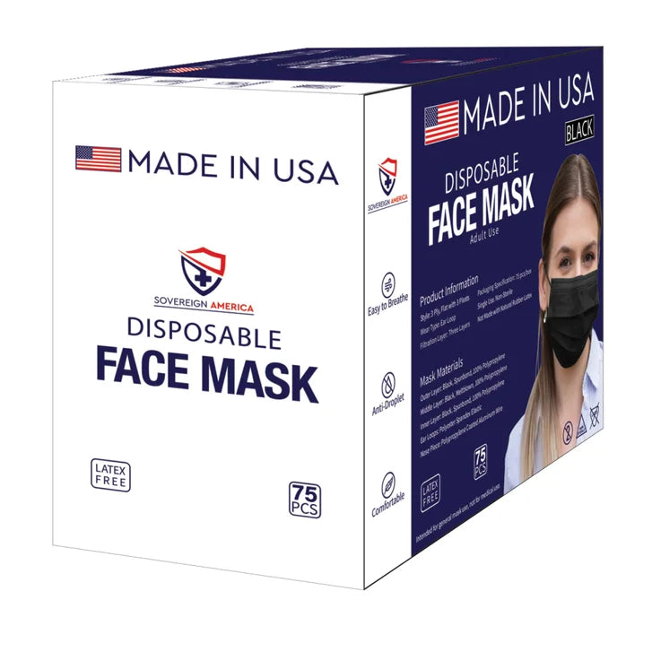 Sovereign America Disposable Face Mask, 75-Count, Black