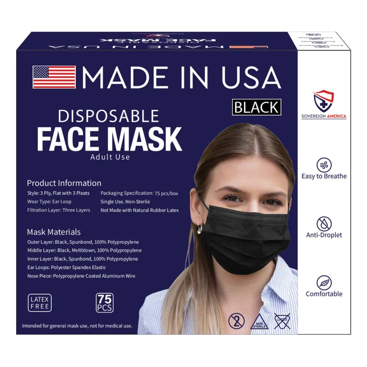 Sovereign America Disposable Face Mask, 75-Count, Black