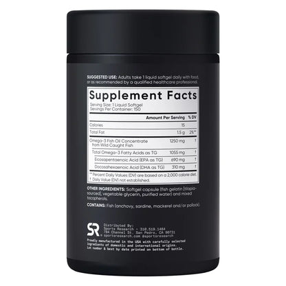 Sports Research Triple Strength Omega-3 Fish Oil, 150 Fish Softgels